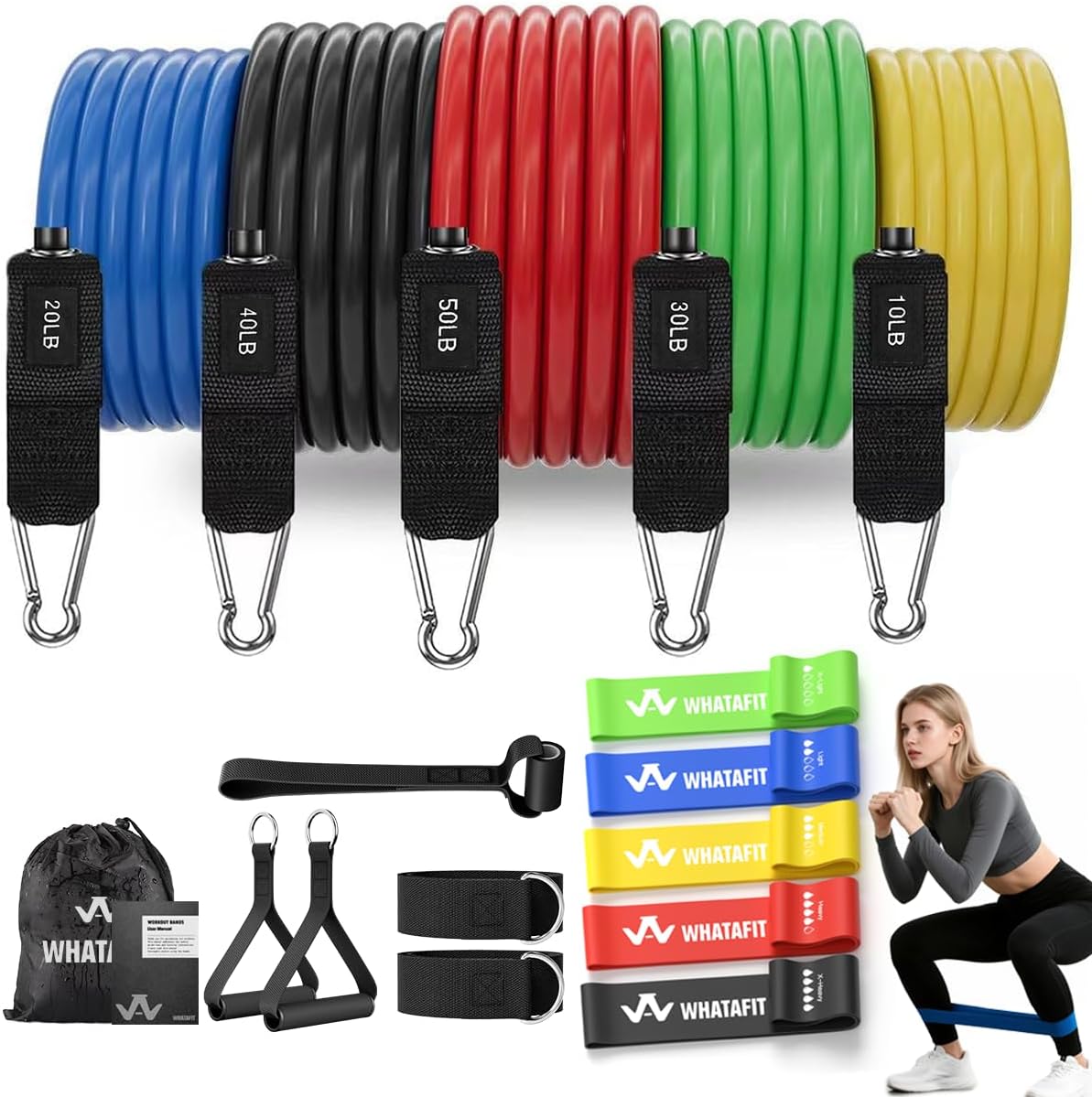 WHATAFIT Resistance Bands with Handles, 150 lb Exercise Bands Set